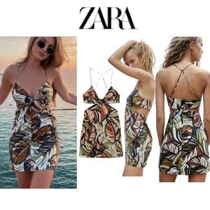 NWT Zara Linen Blend Tropical Print Mini Dress Size XS